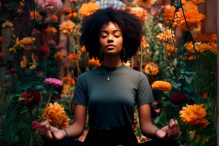 Black woman in front of flowers meditating